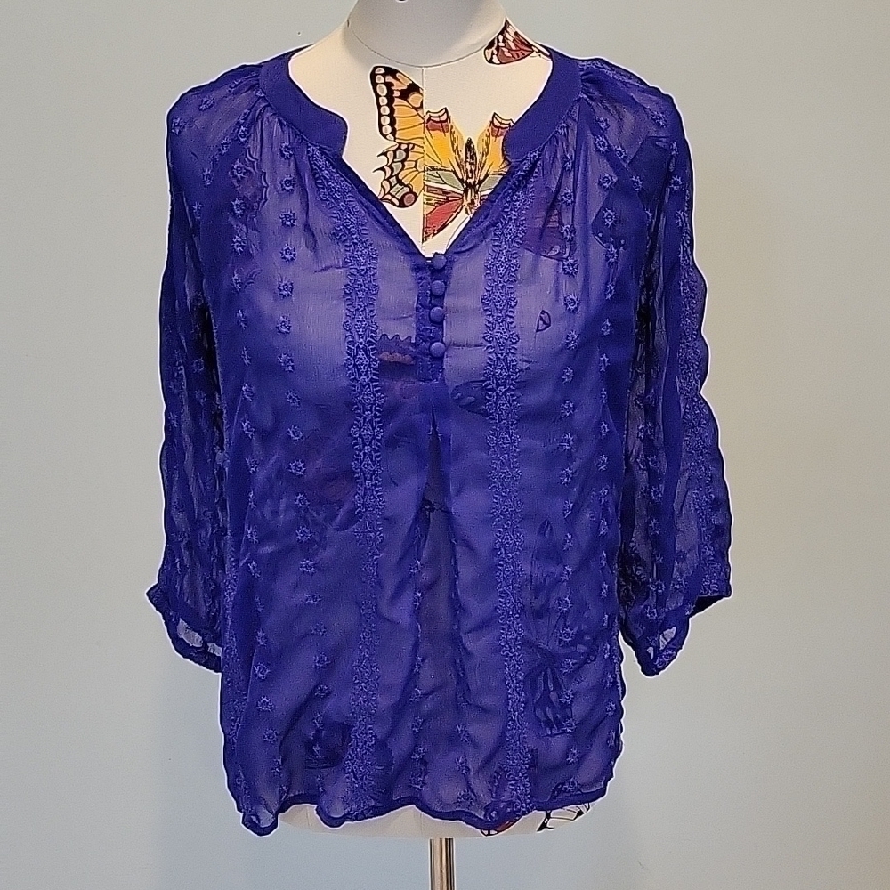 Olive & Oak royal blue embroidered sheer long sleeved top.  Size XS
